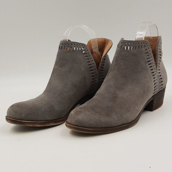 𝅺lucky BRAND Gray Cut-Out Laser Cut Ankle Booties Size 7.5/38 - Picture 1 of 11